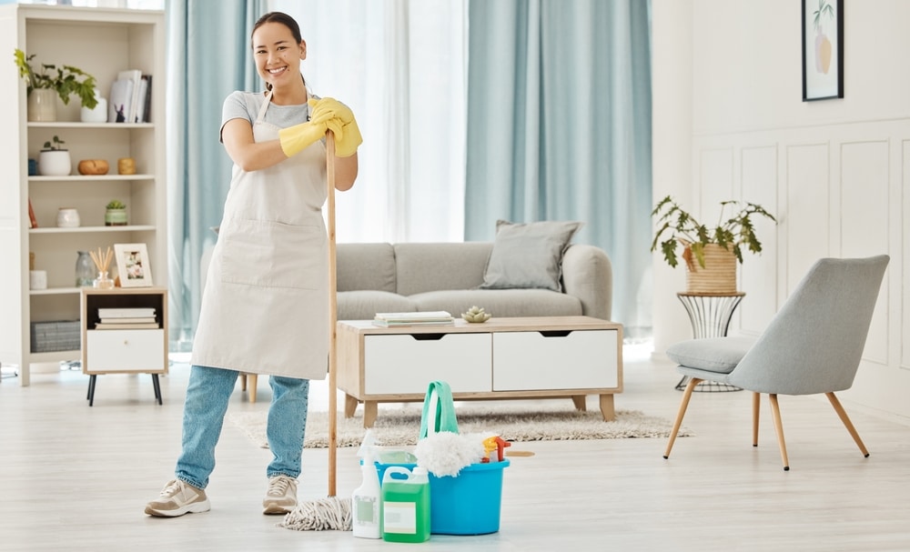 Happy,Woman,Cleaning,Home,Floor,,House,Work,And,Smile,In