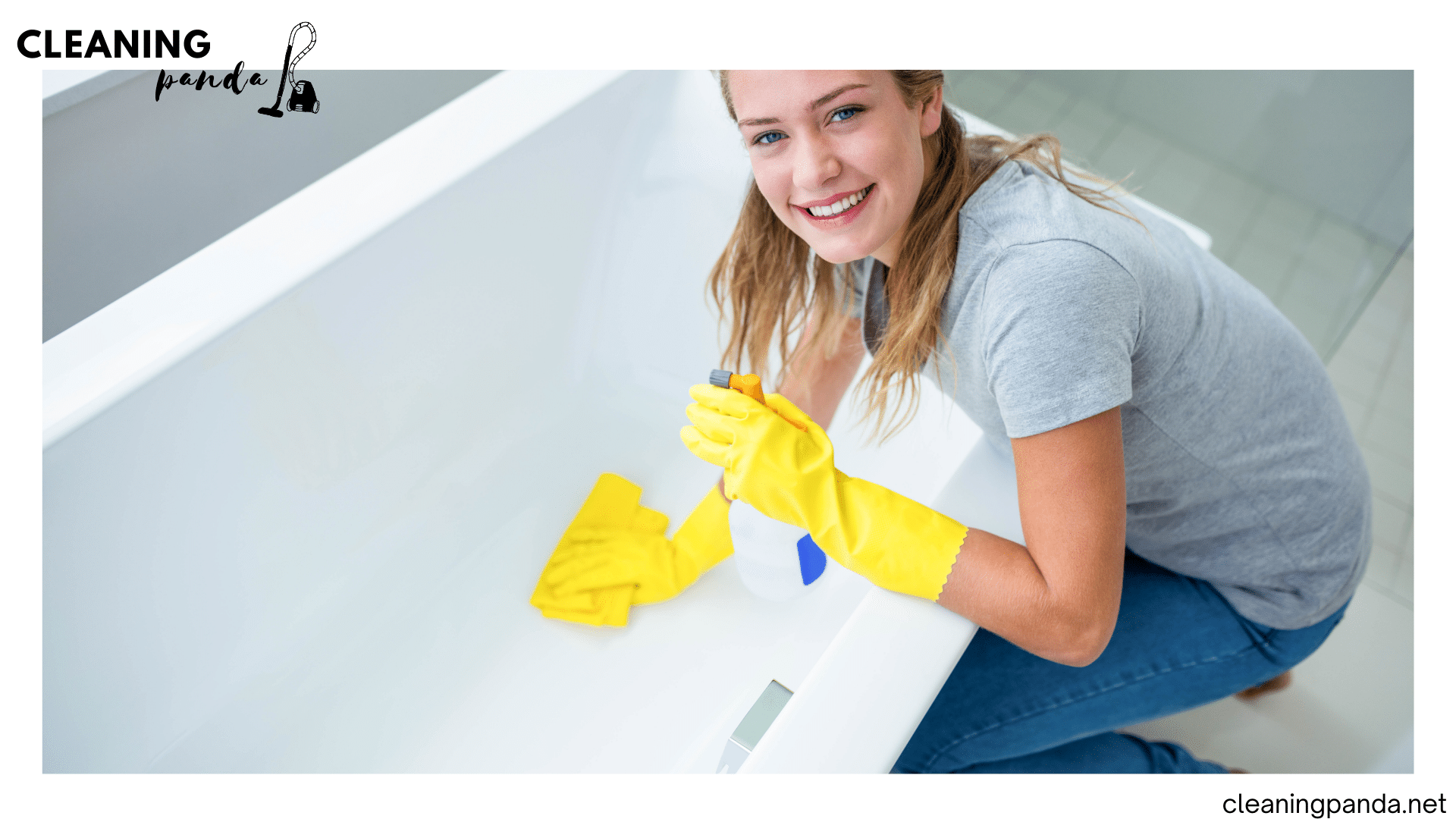 a women cleaning the bath tub with gloves on